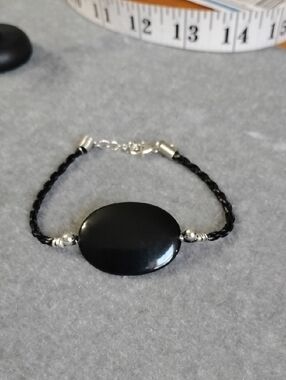 Hand Crafted Black Agate Oval Stone Braided Cord Bracelet